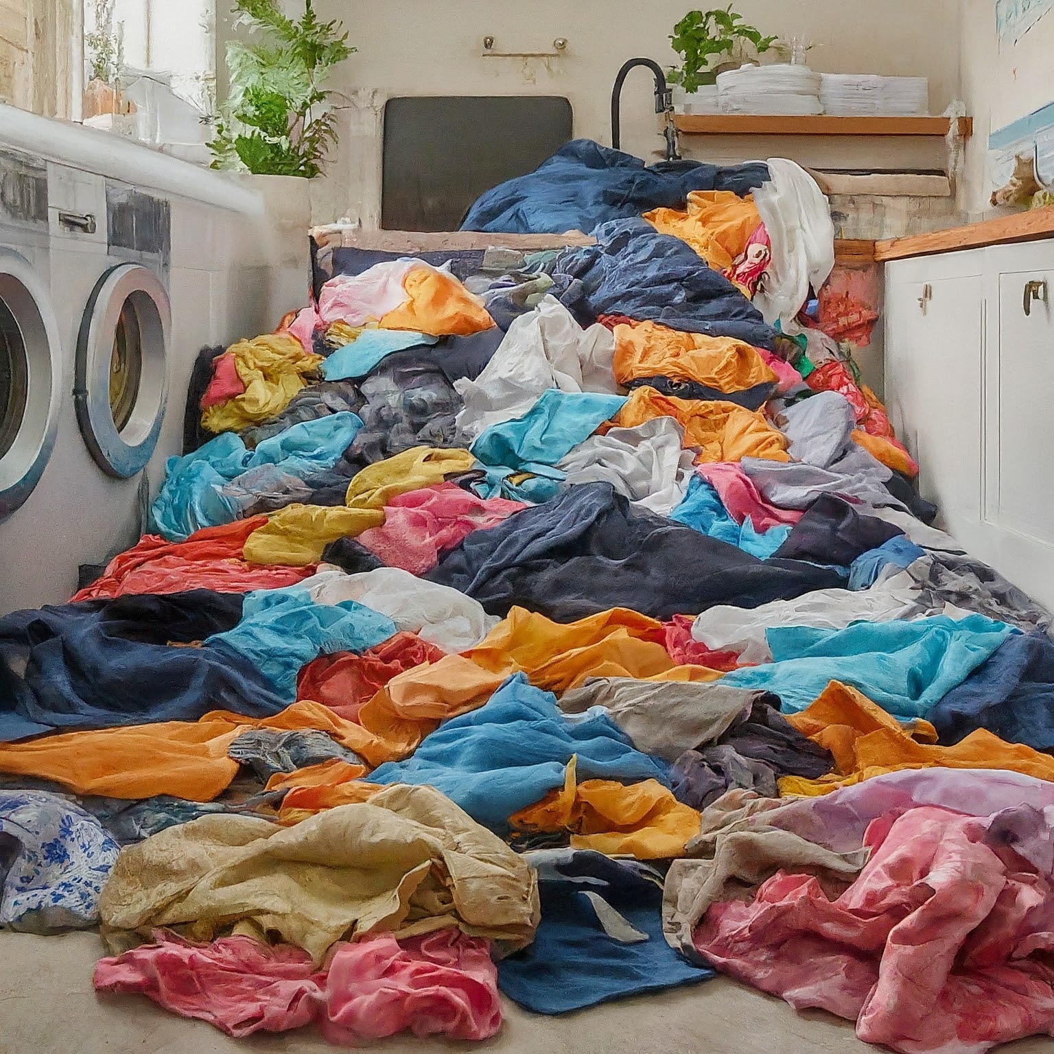 Piled Laundry In Laundry Room